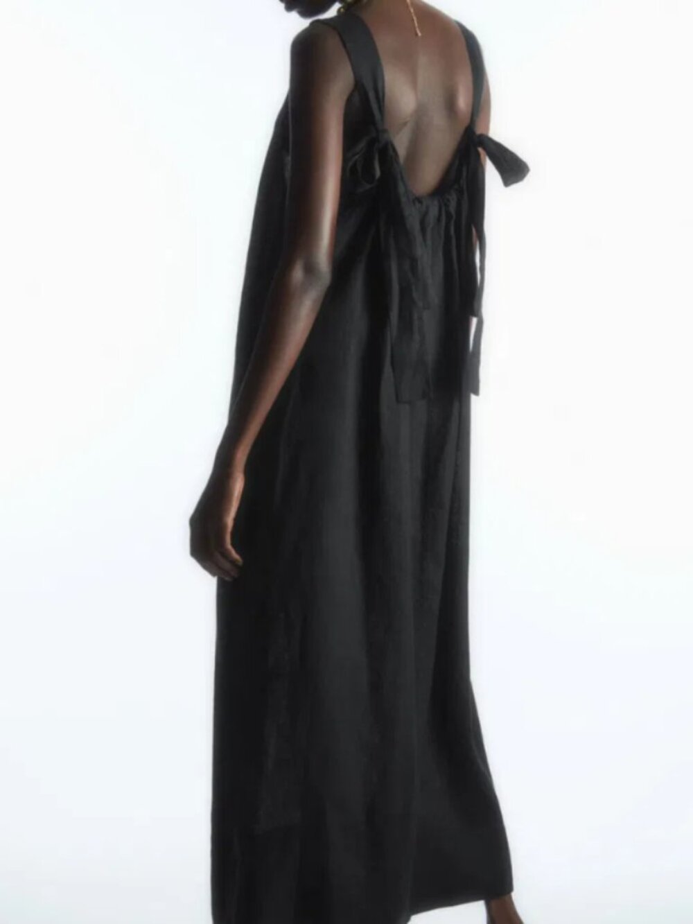 COS Gathered Linen Midi Dress Black 100% Linen Tie Shoulder Minimalist L
